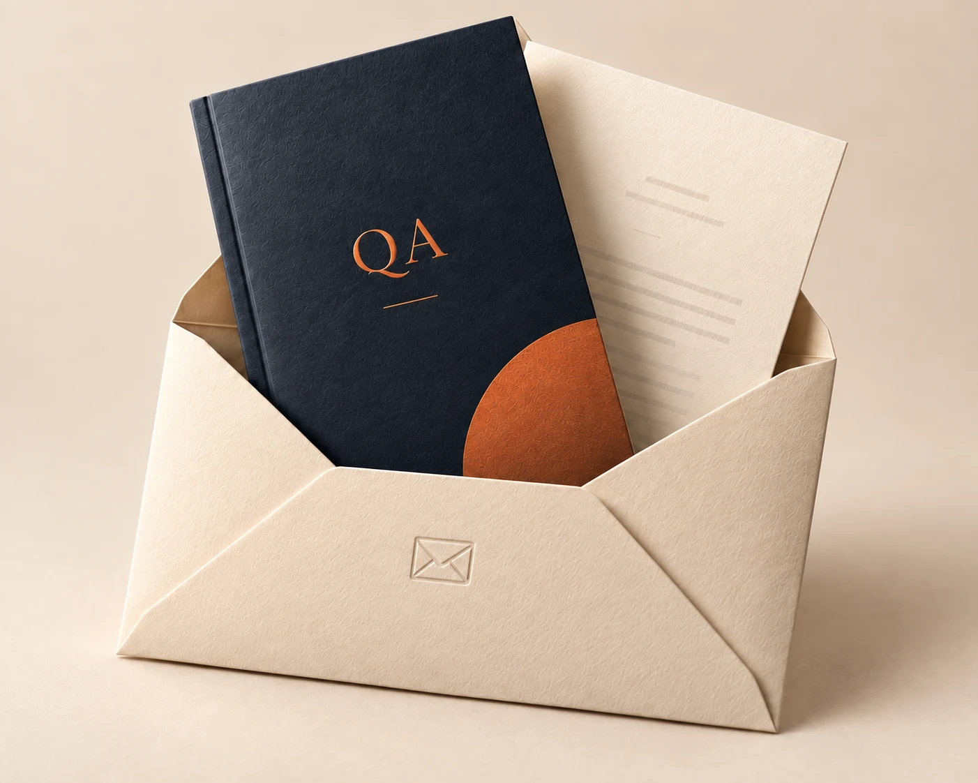 Open envelope with the QA Career Guide and a letter, in neutral tones with an orange accent.